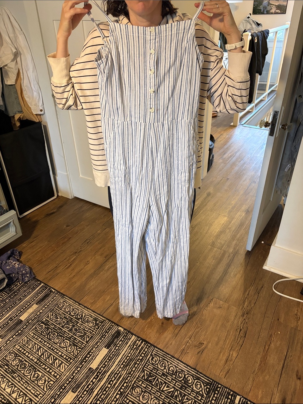 Old Navy Blue and White Striped Button-Front Jumpsuit